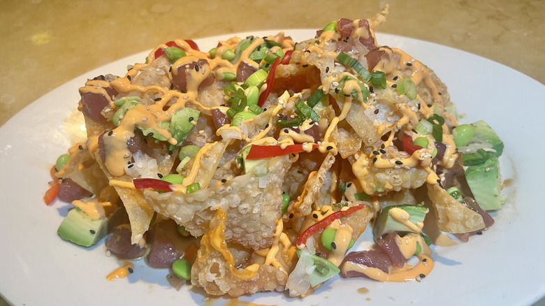 Side view of plate of Ahi Poke Nachos