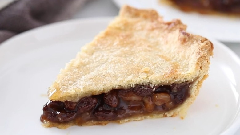 Slice of raisin pie on white plate
