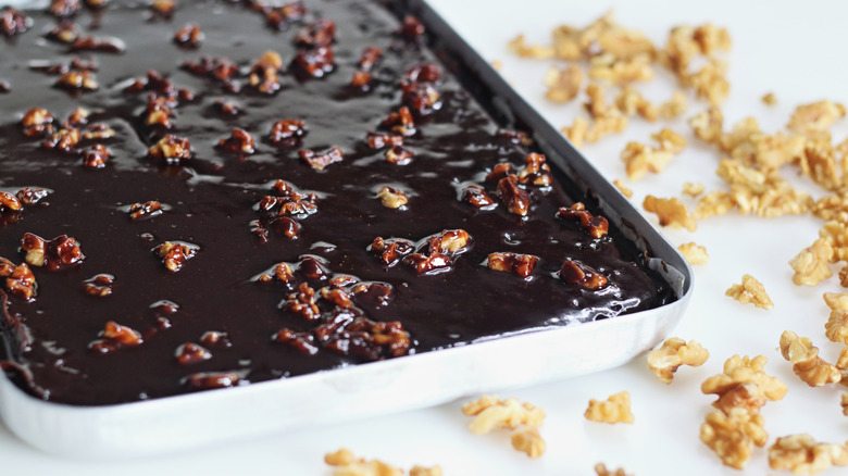 Texas sheet cake with walnut pieces