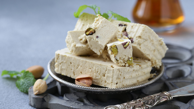 Pieces of pistachio halva on plate