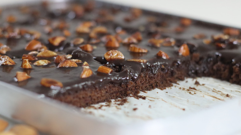 Close up of sliced Texas sheet cake aka funeral cake