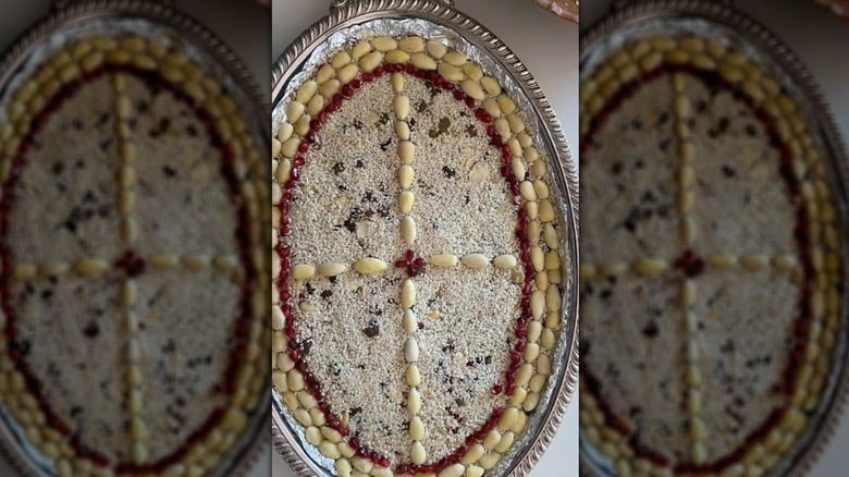 Traditional Greek koliva in metal serving dish