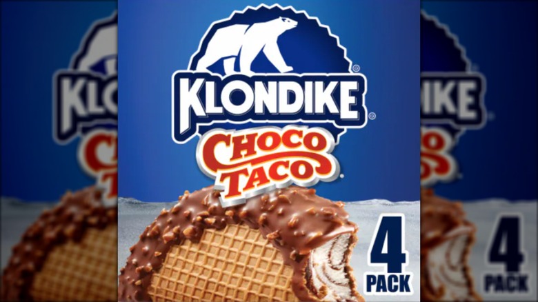 A close-up of a box of Choco Tacos.