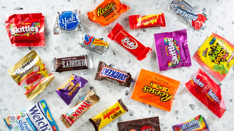 Variety of fun size candies on table