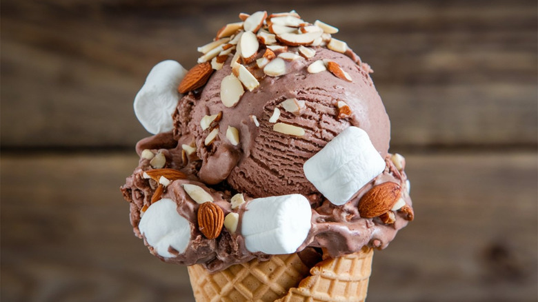 Rocky Road ice cream in a waffle cone