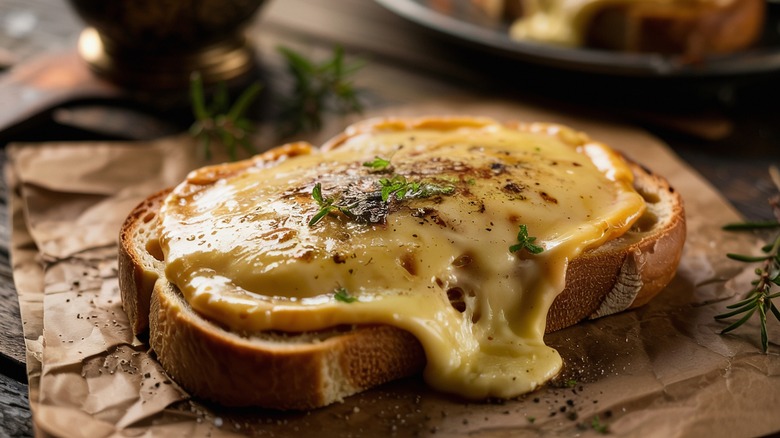 A closeup of Welsh rarebit on a piece of baking paper with herbs sprinkled on top