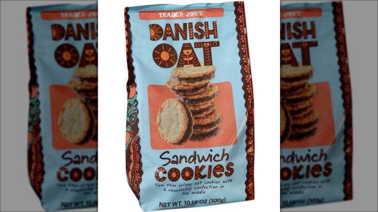 Bag of Trader Joe's Danish Oat Sandwich Cookies on white background