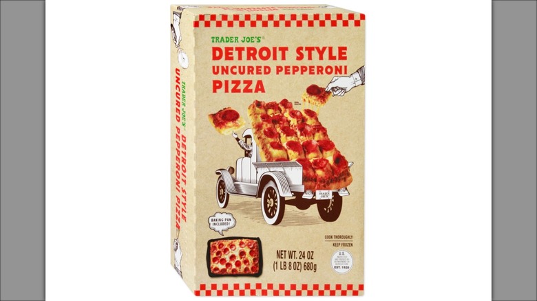 Box of Trader Joe's Detroit Style Uncured Pepperoni Pizza on white background