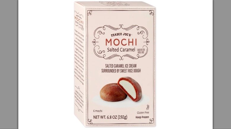 Box of Trader Joe's Salted Caramel Mochi on white background