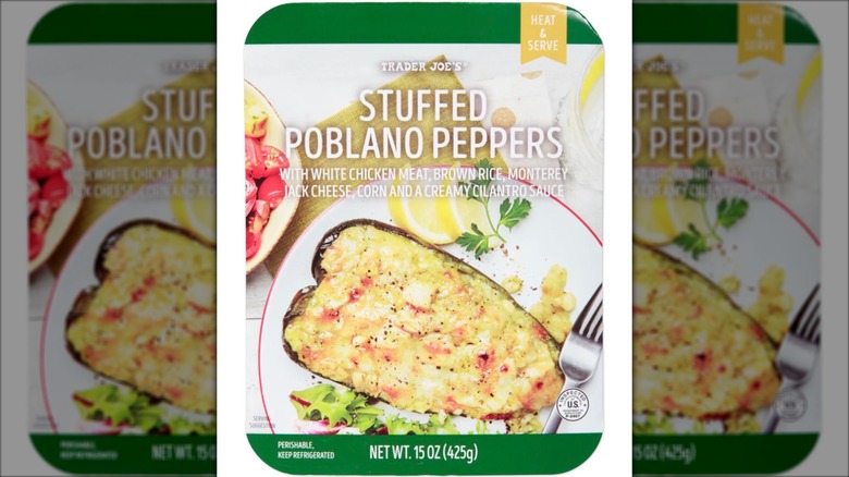 Container of Trader Joe's Stuffed Poblano Peppers on white background
