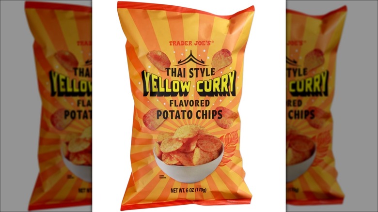 Bag of Trader Joe's Thai Style Yellow Curry Flavored Potato Chips on white background