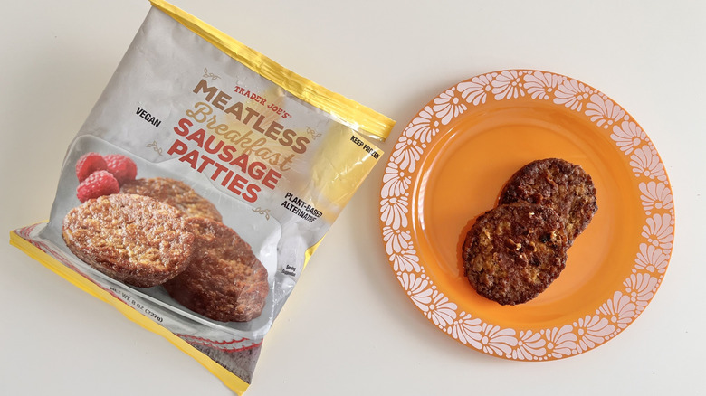 Two pieces of Trader Joe's Meatless Breakfast Sausage Patties and a bag