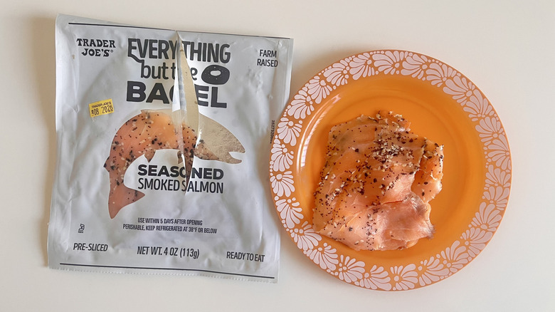 Pieces of Trader Joe's Everything But The Bagel Seasoned Smoked Salmon