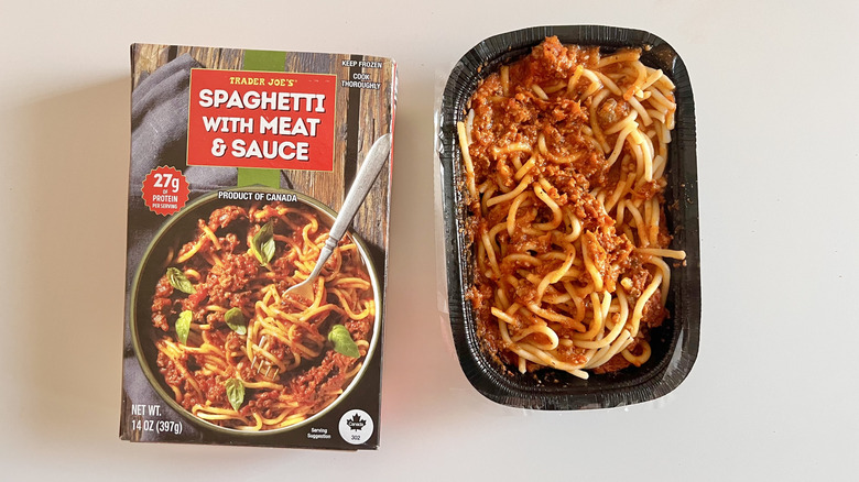 Container of Trader Joe's Spaghetti with Meat & Sauce