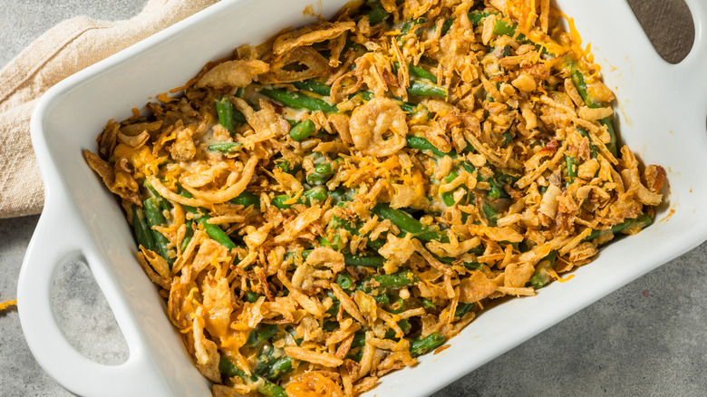 Overhead shot of green bean casserole topped with fried onions