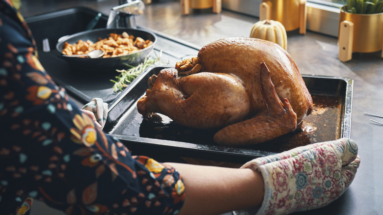 Mittened hands laying turkey on countertop beside sink