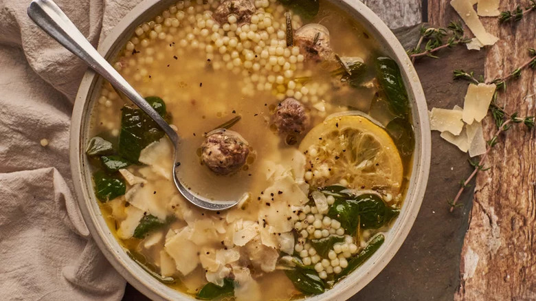 Bowl of rustic Italian Wedding Soup