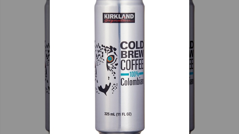 Slim silver can of Kirkland Signature Colombian cold brew coffee with leopard picture on can