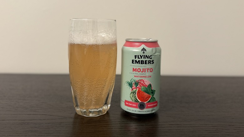 Watermelon Flying Embers Mojito in a glass and a can.