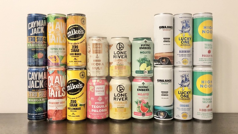 18 different low-sugar canned cocktails stacked up.