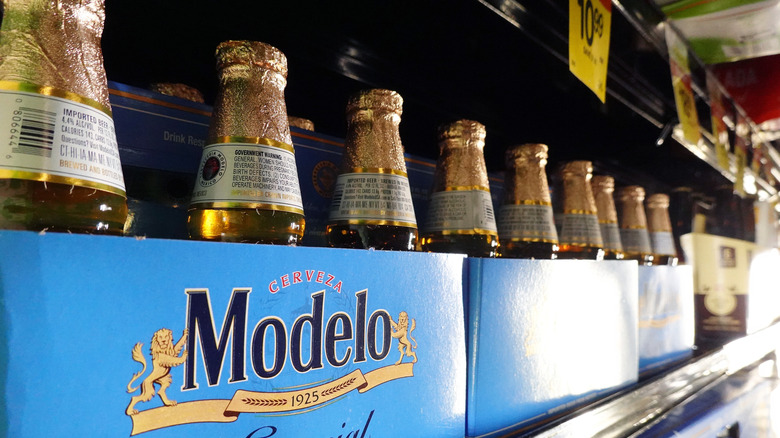 Bottle of Modelo 6-pack on shelves
