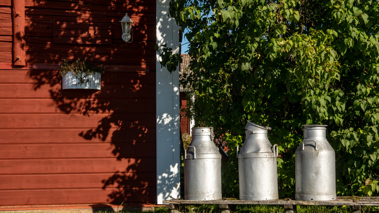 Three milk cans sitting outside red house and bushes