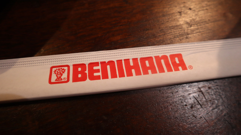 A close-up of the paper wrapping that contains Benihana's chopsticks
