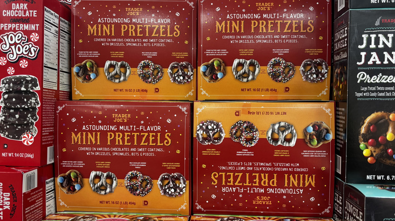 Trader Joe's chocolate mini pretzel assortment boxes on shelf