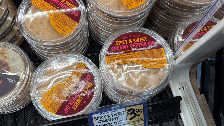 Trader Joe's sweet spicy creamy pepper dip containers stocked on shelf
