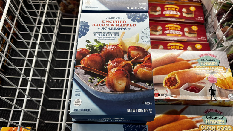 Trader Joe's bacon wrapped scallops box stocked in shelf