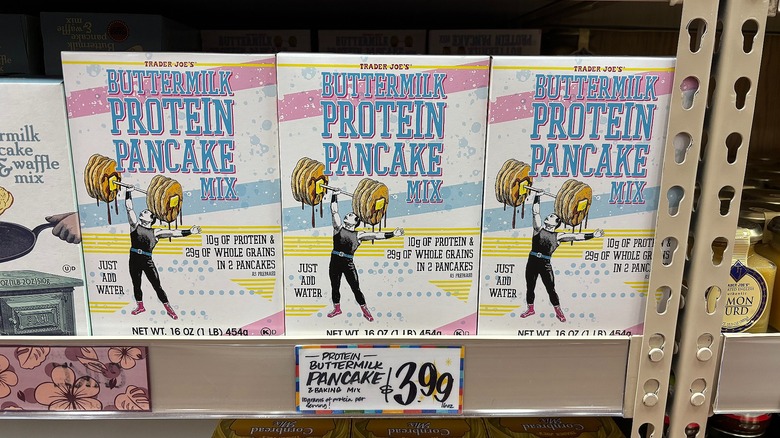 Boxes of buttermilk protein pancake mix on shelf at Trader Joe's