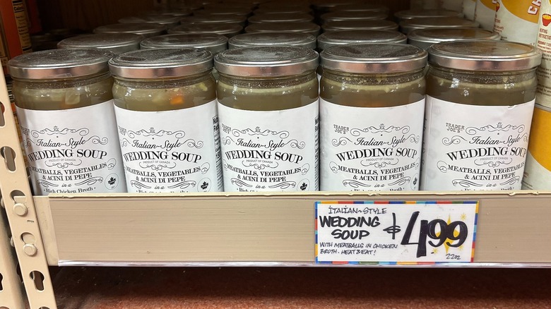 Jars of Italian-style wedding soup on shelf at Trader Joe's