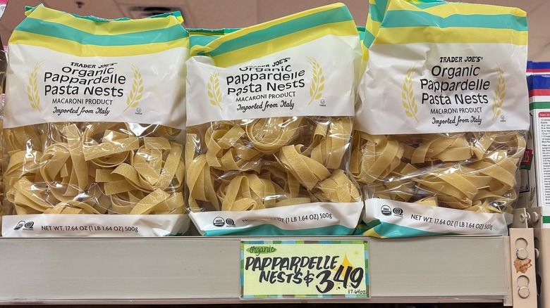 Bags of organic pappardelle pasta nests at Trader Joe's