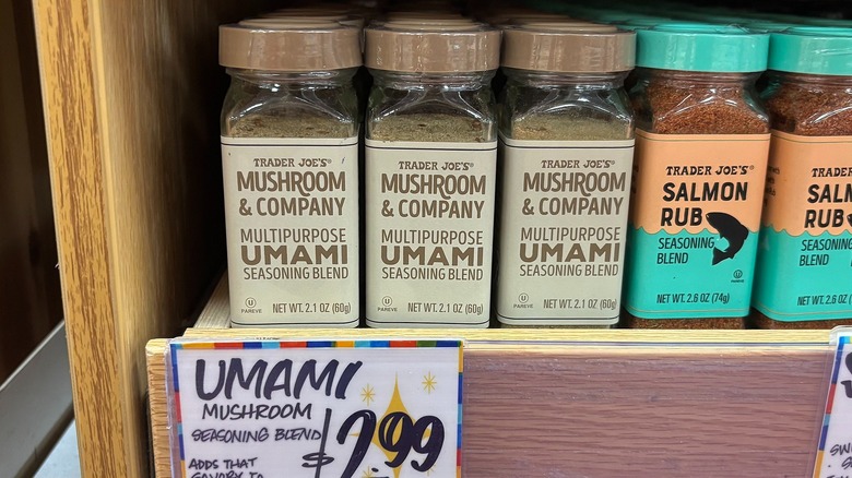 Jars of Trader Joe's umami seasoning on shelf in store