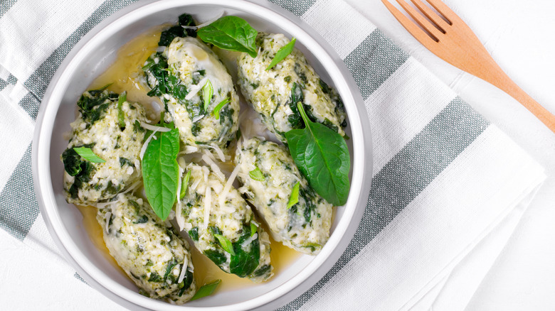 bowl of Gnudi and spinach