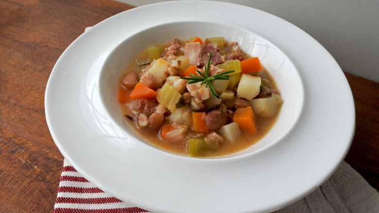 Minestra di farro in white bowl