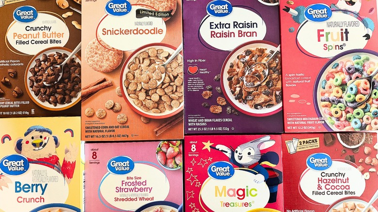 Eight Great Value cereal boxes on table