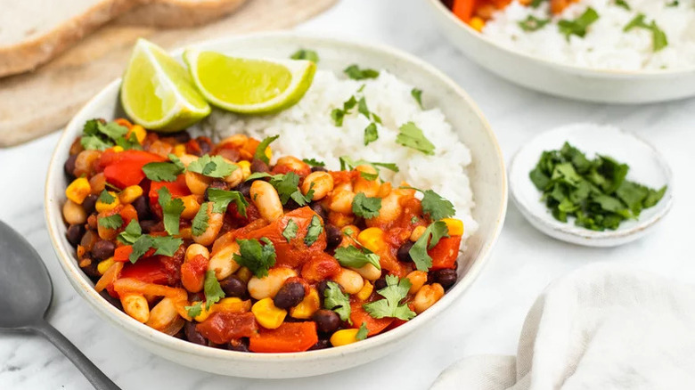 white bean stew with rice in bowl