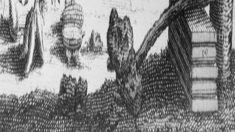 Close-up of a black-and-white painting depicting Native Americans practicing agriculture