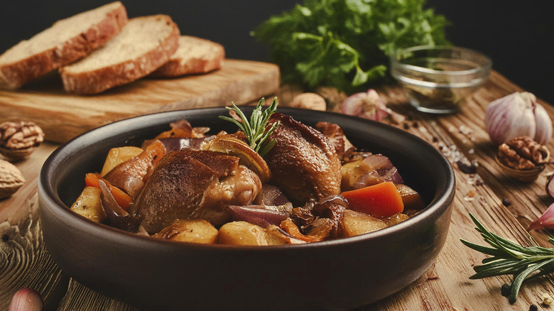 Large bowl of beef stew with bread, herbs, and alliums in background