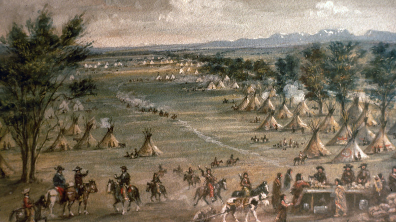 A painting depicting settlers and Native Americans meeting at a trade point