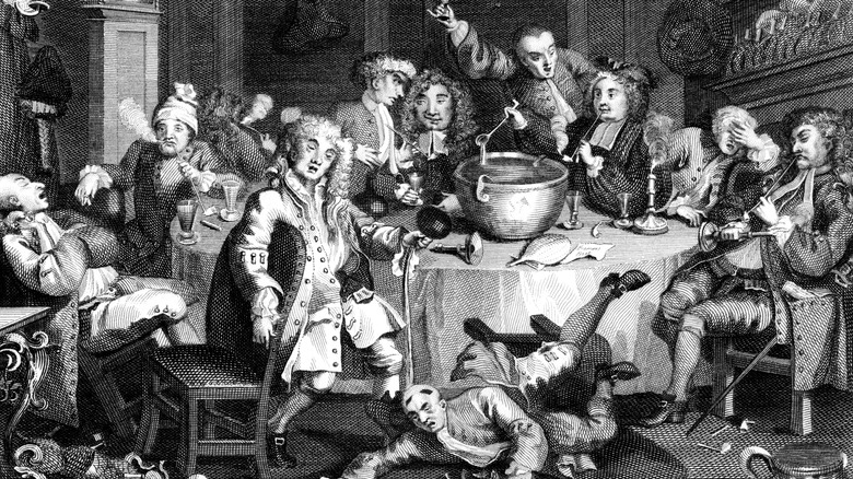 Colonial-era painting of men around a table with alcohol, falling down drunk