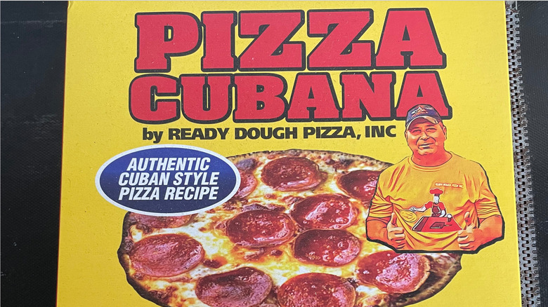 overhead view of a box of Pizza Cubana's "Cuban style' pepperoni pizza