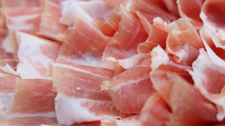Closeup image of thin-sliced prosciutto