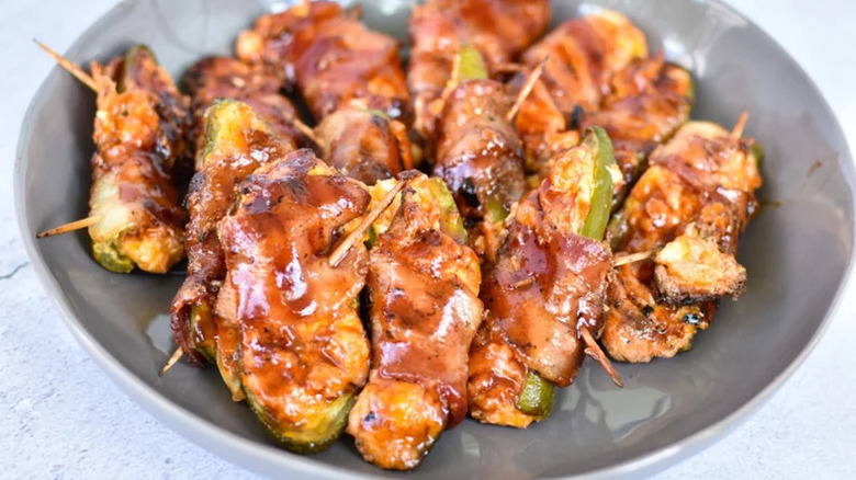 Grilled Bacon-Wrapped Jalapeño Poppers in grey bowl