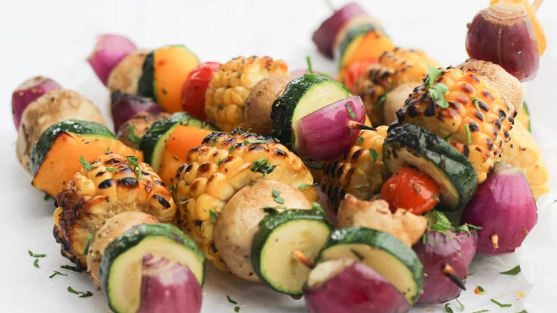 Grilled Veggie Kabobs on white background