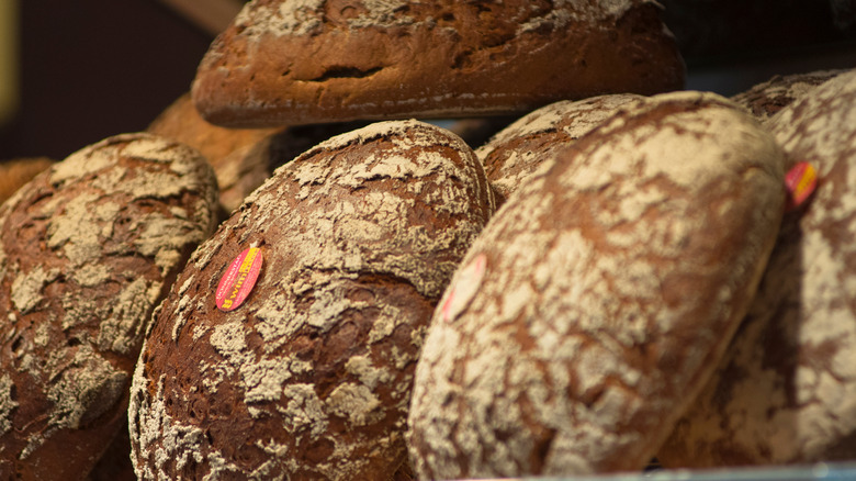 Bauernbrot loaves on bakery shelf