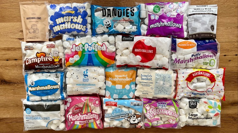 numerous marshmallow bags on table