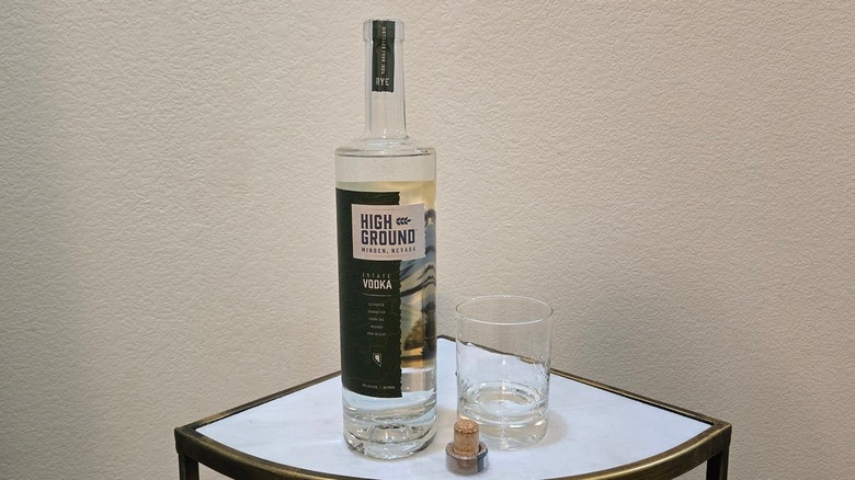 High Ground vodka bottle and glass