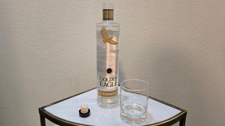 Golden Eagle vodka bottle and glass